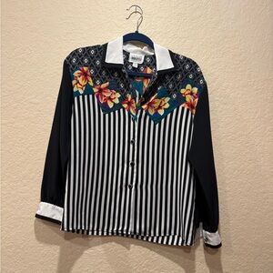 Leslie Faye and White Striped Floral Blouse Top